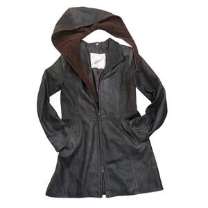 Vintage Italian Brown Leather Hooded Coat A. Razpini Firenze